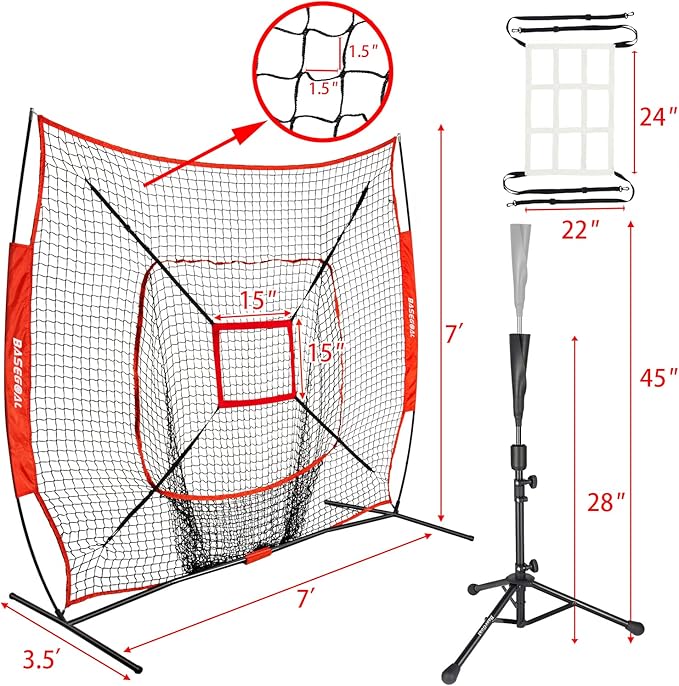 BaseGoal 7'×7' Baseball Softball Practice Net,Baseball Backstop,with Batting Tee,for Hitting Pitching Batting Catching with Bow Frame,Bonus Strike Zone