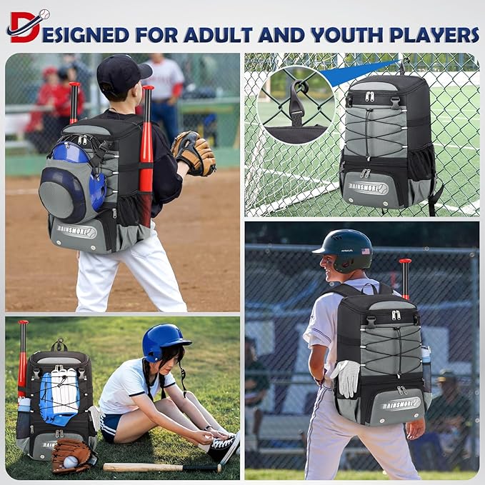 RAINSMORE Baseball Bag for Youth & Adult Lightweight Softball Bat Bag with Shoe Compartment, External Helmet Holder and Fence Hook Waterproof Baseball Backpack Hold T-Ball, Bat and Softball Equipment