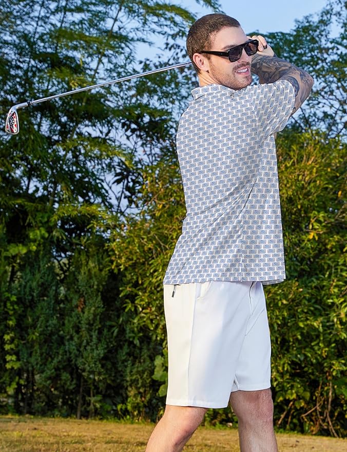 HUURAY Funny Golf Polos for Men Funny Print Short Sleeve Shirts Quick Dry Polo Shirts Hawaiian Shirt Performance Golf Outfits
