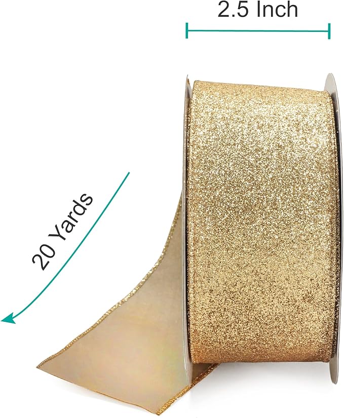 CT CRAFT LLC Glitter Wired Ribbon 2.5" x 20 Yards Light Gold - Image 2