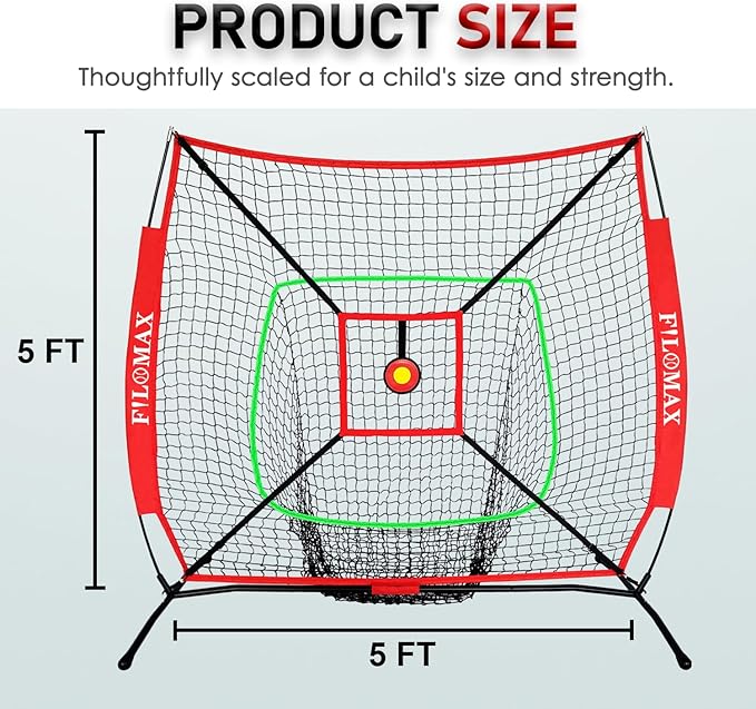 5x5 FT Baseball & Softball Practice Net with Red Strike Zone & Target | Youth Baseball & Softball Training Net for Hitting, Pitching, Batting |for Accurate Throwing Practice,Includes Carry Bag.
