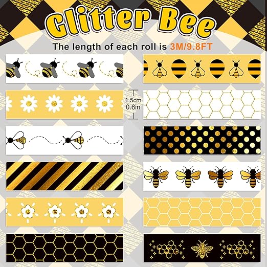 Whaline 12 Rolls Bee Washi Tape Foil Gold Honey Bee Washi Masking Tape 15mm - Image 2