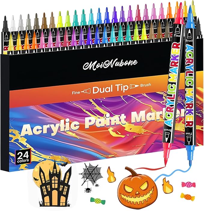 24 Colors Dual Tip Acrylic Paint Markers, Premium Acrylic Paint Pens by Moinubone