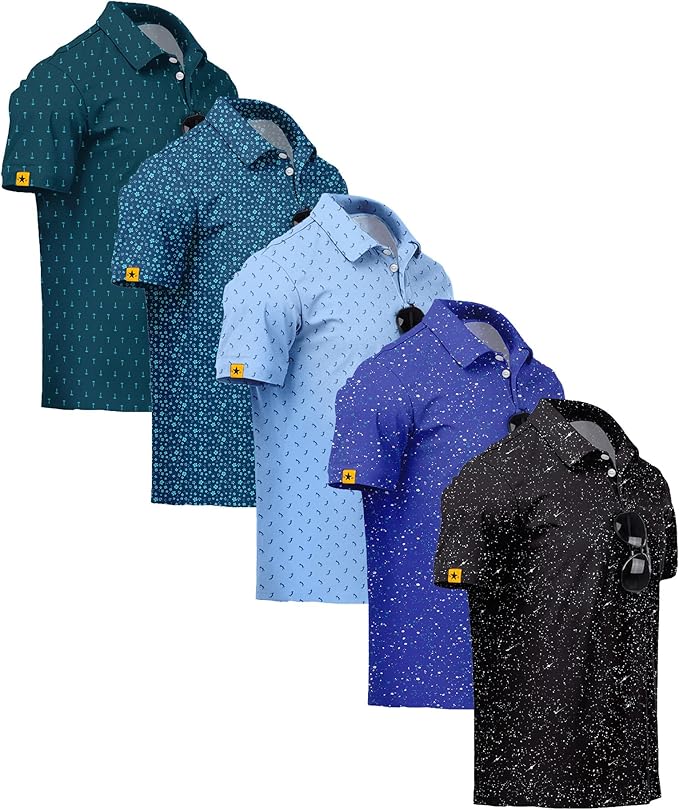 ZITY 5 Pack Mens Golf Shirt Short Sleeve UPF 50+ Moisture Wicking Performance Print Patterns Casual Golf Polo Shirts for Men