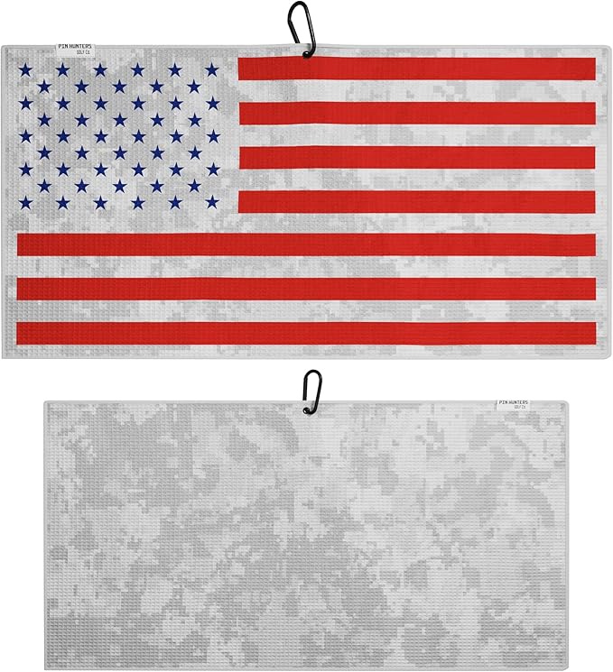 Pin Hunters American Flag Microfiber Golf Towel | Premium Waffle Towel with Clip | Large 31"×15.5" Towel for Golf Bags | Accessories for Men | Fun Gift for Husband | USA Pride