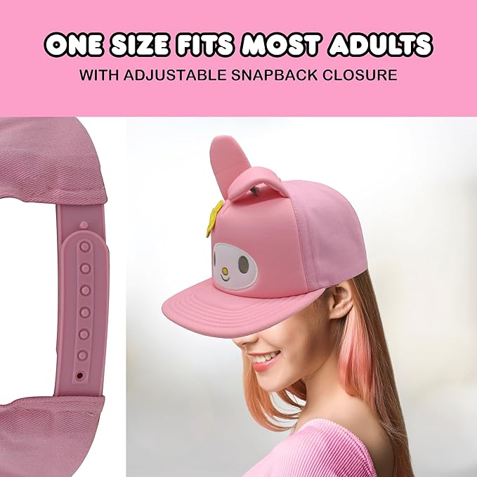 Hello Kitty Baseball Cap, Women's Snapback Hat with Flat Brim and 3D Ribbon and Ears