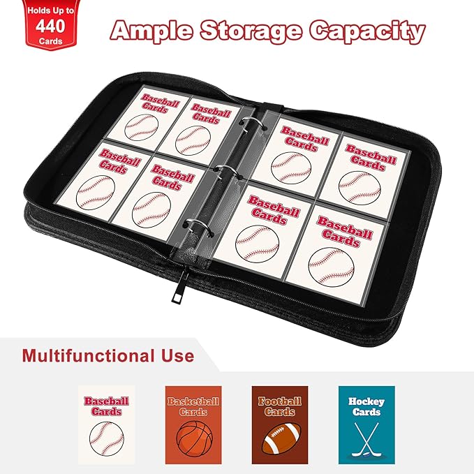 Mlikero Baseball Card Binder 440 Pocket, Trading Card Binder with Card Display Design, Premium Basketball Card Holder with Sports Pattern Wristband Fit for Baseball Cards 2026