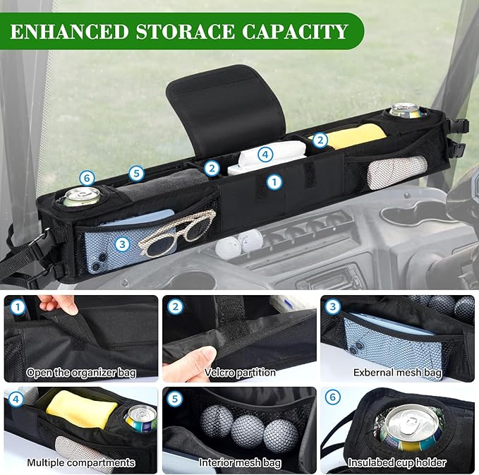 Little World Golf Cart Front Storage Basket - Golf Cart Front Basket with Insulated Cup Holders, No-Drilling Installatio Golf Cart Storage Accessory (Black)