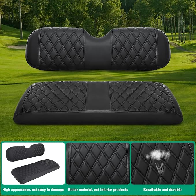 iLSKW Golf Cart Seat Covers for Rear Seat Fit Club Car EZGO Yamaha, Thinck Vinyl Leather with Convex Diamond Texure, Comfortable, Support Back,Breathable,Anti-Fading