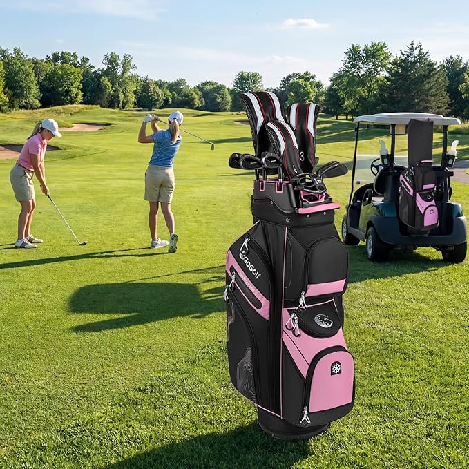 Tangkula Golf Cart Bag with 14-Way Full Length Dividers, 6 Molded Lock Top Golf Club Bag with 11 Pockets, Cooler Bag, Padded Strap, Handles, Umbrella Holder & Rain Hood