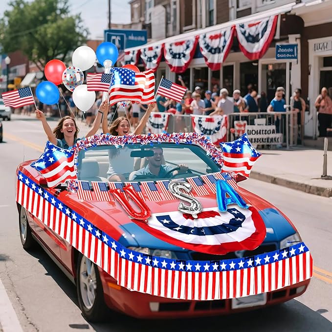 Tryly 4th of July Golf Cart Decorations Kit, Patriotic Parade Golf Cart Decor - Foil Fringe Garland, Pleated Fan Flag, Flag Windsock,Tinsel Garland, for Independence Day Memorial Day (Dependence)