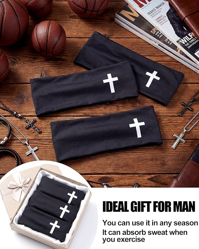 Shihanee 3 Pcs Christian Headbands for Men Jesus Cross Athletic Sweat Bands Christian Workout Accessories Moisture Wicking Sports Hairbands for Football Baseball Basketball Running Training