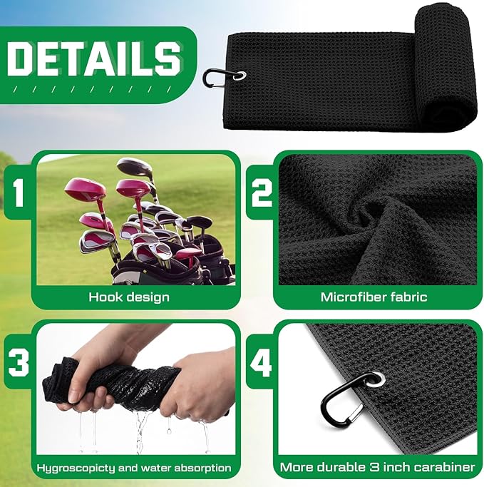 Poen 24 Pcs Golf Accessories, 12 Pcs 3 Colors Foldable Metal Golf Divot Repair Tools, 12 Black Towels with Carabiner Clip, Bulk for Golfers Prizes Gifts Club Supplies