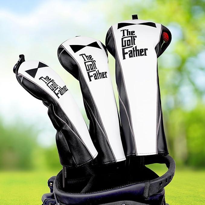 The Golf Father Funny Golf Club Covers, Driver Fairway Wood Hybrid Headcover, Mallet Putter Covers Blade Headcovers Putter Cover Magnetic, Black and White Color Iron Covers for Most Brands