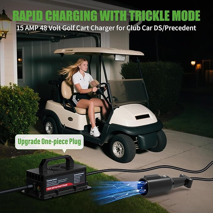 10L0L 48V Golf Cart Battery Charger for Club Car DS Precedent, 15Amp Smart Charger with 3-Pin Plug for Lead Acid Batteries, IP67 Waterproof, Auto Shut-Off
