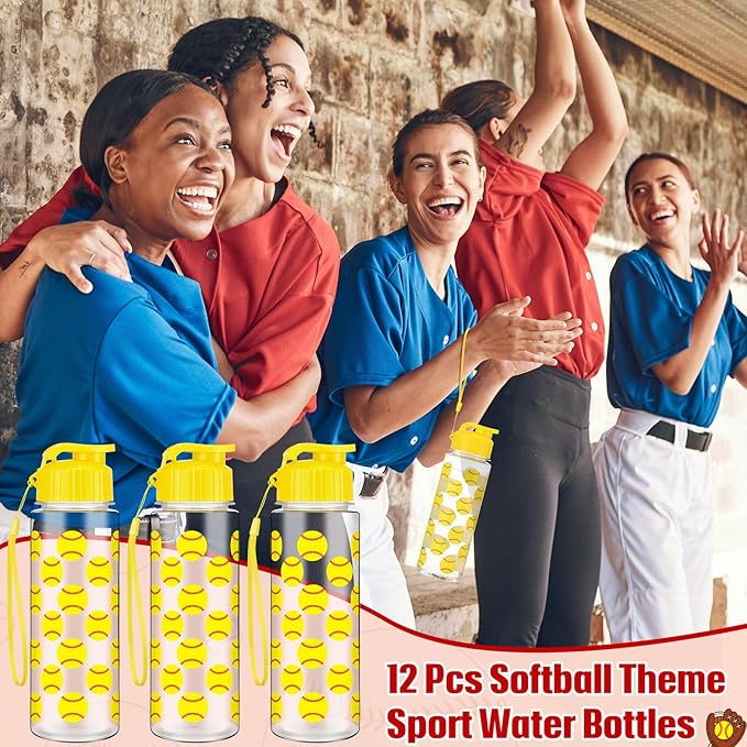 Funnymoom 12 Pcs Softball Water Bottles Bulk 17 oz Softball Sports Bottles with Leak Proof Flip Top Reusable Plastic Water Cups for Team Gift Accessories Sports Party Favors Supplies