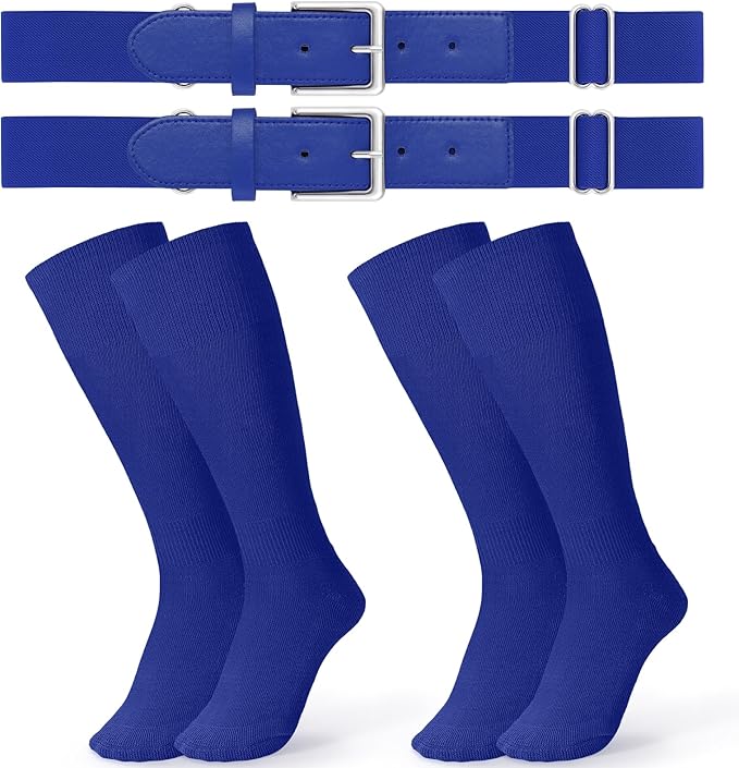 JASGOOD 2 Pack Baseball Socks and Belt Combo Set Softball Socks and Belts Elastic Waist Belt for Youth and Adult Boys