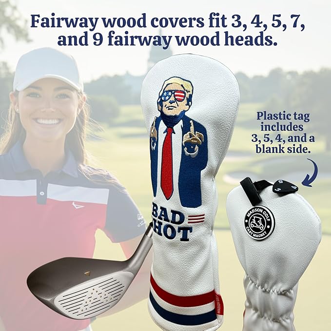 The Original USA Funny Golf Head Covers Trump Bad Shot Driver Fairway Wood Putter Headcover with Madson Golf Cart Magnet for securing Golf Head Cover, Donald Trump Merchandise, Dad Gifts for Birthday