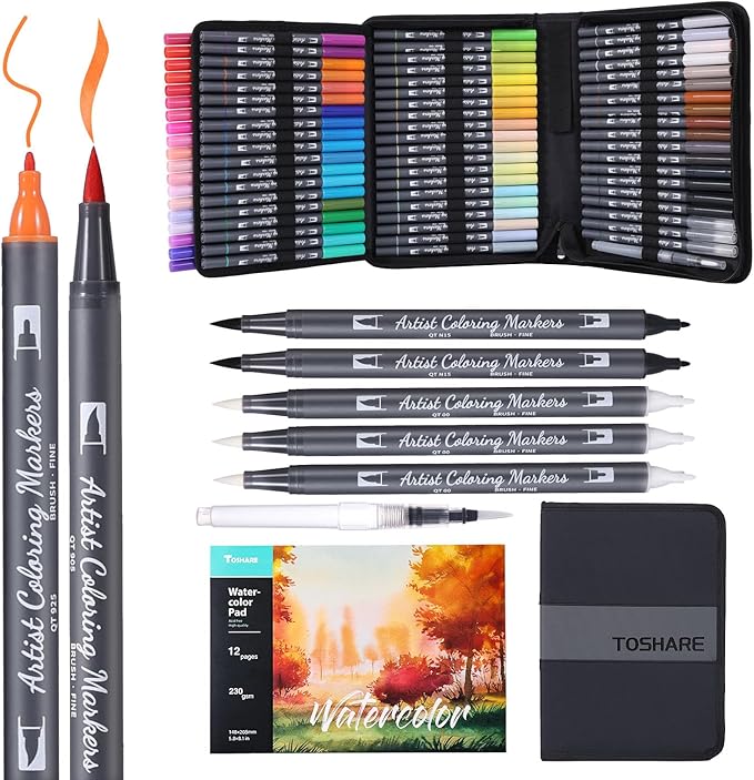 Watercolor Pens Set, 72-Color Dual Tip Paint Markers, Water-Based Coloring Pens by TOSHARE
