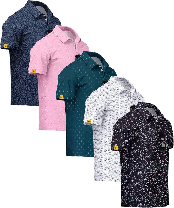 ZITY 5 Pack Mens Golf Shirt Short Sleeve UPF 50+ Moisture Wicking Performance Print Patterns Casual Golf Polo Shirts for Men