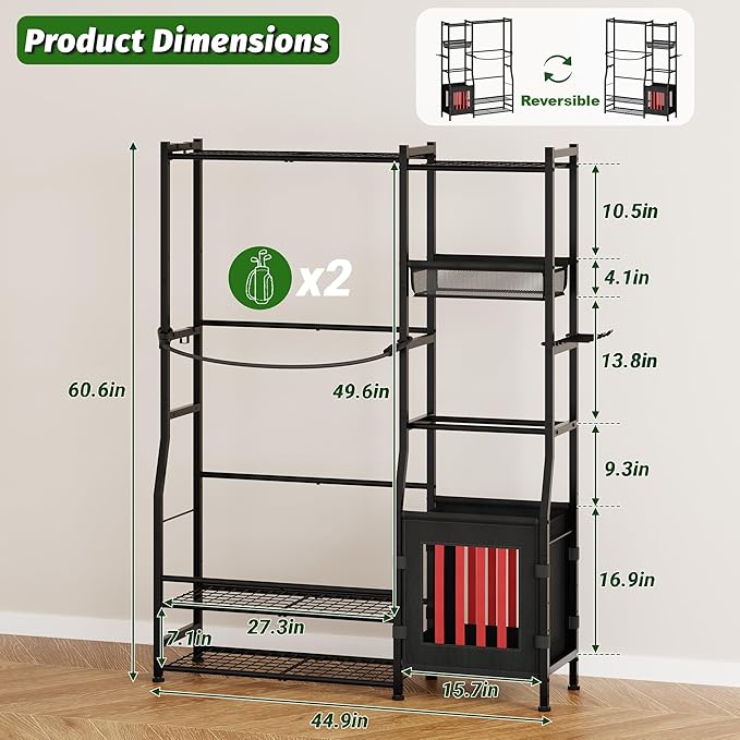 Sonyabecca Garage Sports Equipment Organizer, Golf Bag Storage Rack, Organizer for 2 Golf Bag, Indoor/Outdoor Ball Storage Bins for Toy Sports Gear Storage, Ideal for Home, Garage, Club, Basement