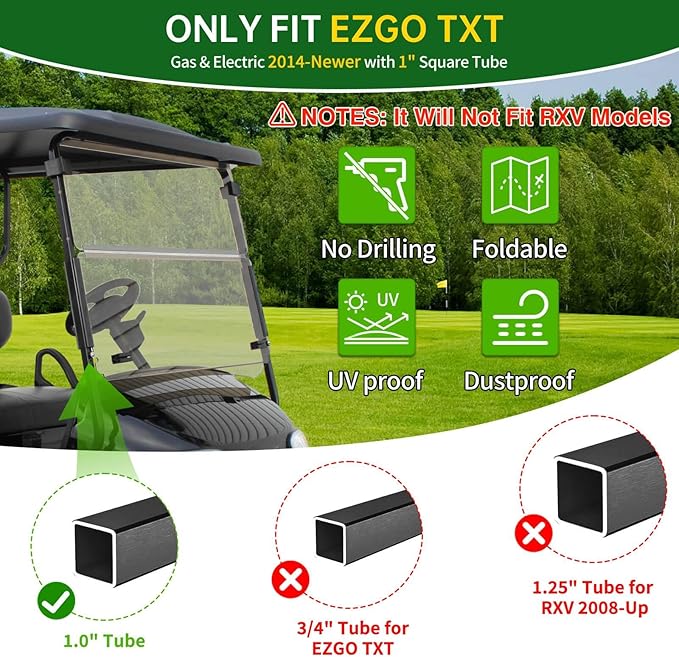 Clear Golf Cart Windshield 3/16" (5MM) Thicken for 2014-Up EZGO TXT, 41.42" W ×34.64" H, Fits 1"×1" Square Rail Front Foldable Windscreen Glass Shatterproof & Shield UV, Scratch Resistant