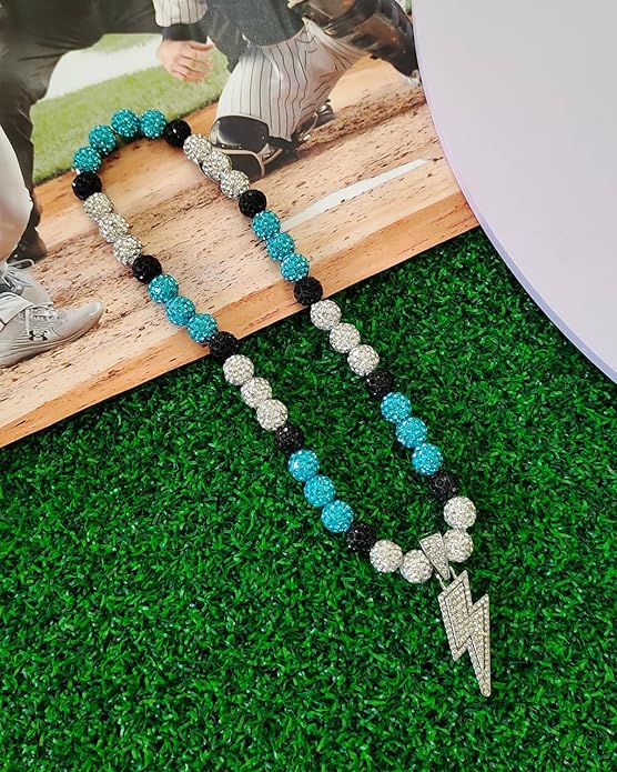 Baseball Necklace for Men 16/18/20 Inch Bling Ice Collection Lightning Bolt Pendant Necklace for Women Rhinestone Clay Beaded Discoball Accessories Gifts for Baseball Team Players Lovers