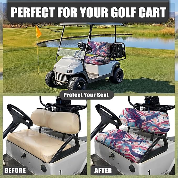 Yewatlles Seat Cover for Golf Cart Club Car Regular Cushion, No Stapler Required, Golf Cart Replacement Front Seat Cover Activity Reward Flag and Eagle
