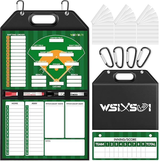 Magnetic Baseball Lineup Board for Dugout | Professional Baseball/Softball Clipboard for Coaches, Foldable | Leather Cover | Carry Handle | Detachable Scoreboard | 30 Lineup Cards