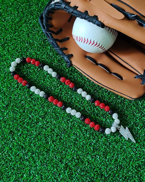 Baseball Necklace for Men 16/18/20 Inch Bling Ice Collection Lightning Bolt Pendant Necklace for Women Rhinestone Clay Beaded Discoball Accessories Gifts for Baseball Team Players Lovers