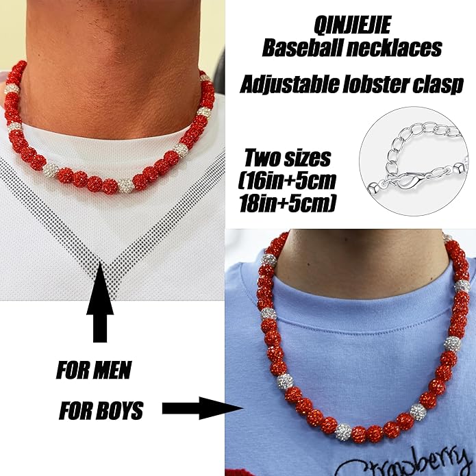 QINJIEJIE Baseball Necklace for Men Glitter Bling Rhinestone Beaded Collection Necklace for Women 16/18in Inspired Sports Jewelry Baseball Chain Cool Gifts for Baseball Players Team Lovers