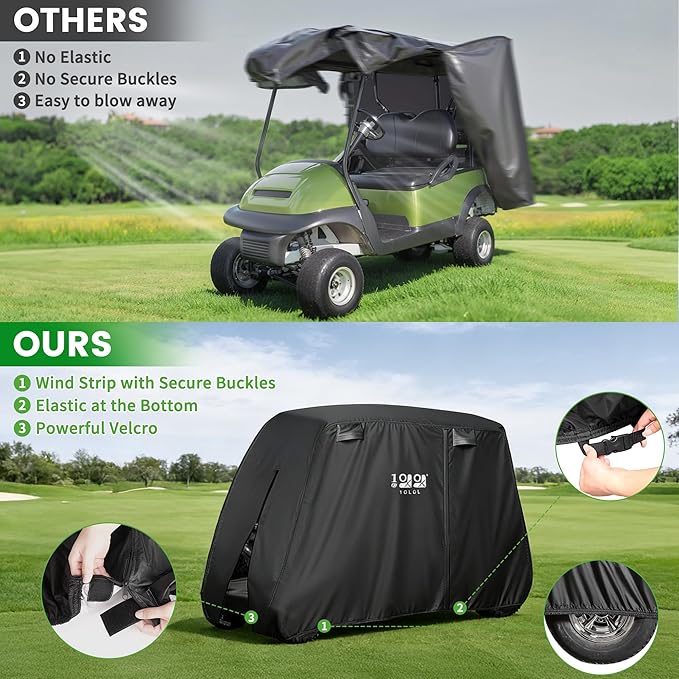10L0L Golf Cart Cover 2/4/4+2 Passenger for Yamaha EZGO Club Car, Heavy Duty 420D Waterproof Windproof Durable Oxford Golf Cart Cover with 3 Zipper Doors for All-Weather Protection (Black/Silver)