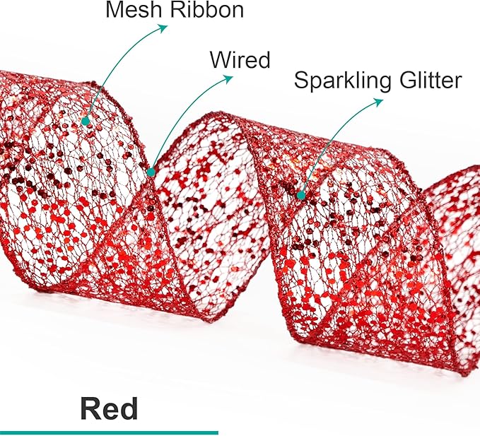 CT CRAFT LLC Sparkling Glitter Mesh Wired Ribbon 4" x 10 Yards Red - Image 3