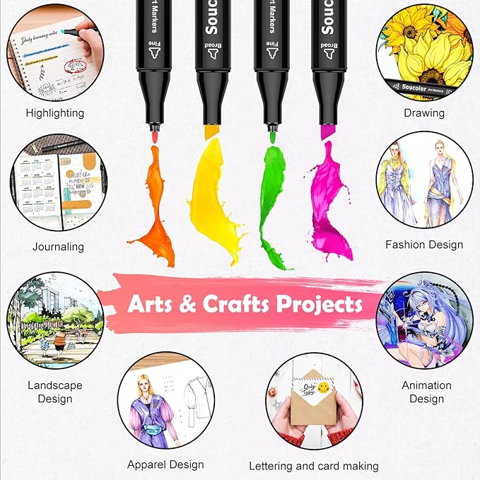 Soucolor Alcohol Markers, 80 Colors Dual Brush Tip Permanent Art Coloring Marker - Image 4