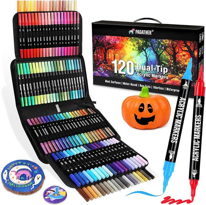 120 Colors Acrylic Paint Markers, Dual Tip Fine and Brush Tips Pens Contain 24 by Pagather