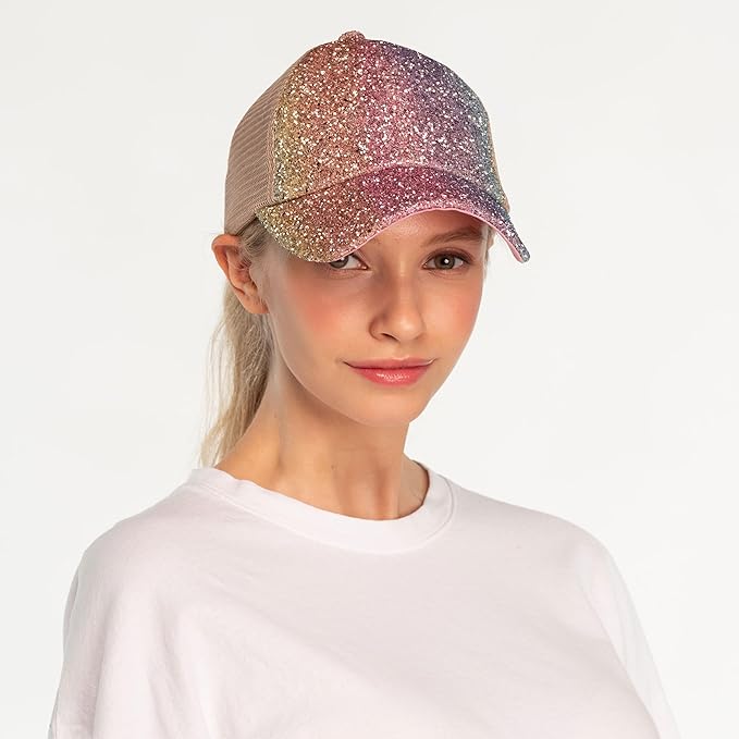 C.C Ponycap Messy High Bun Ponytail Adjustable Glitter Mesh Trucker Baseball Cap