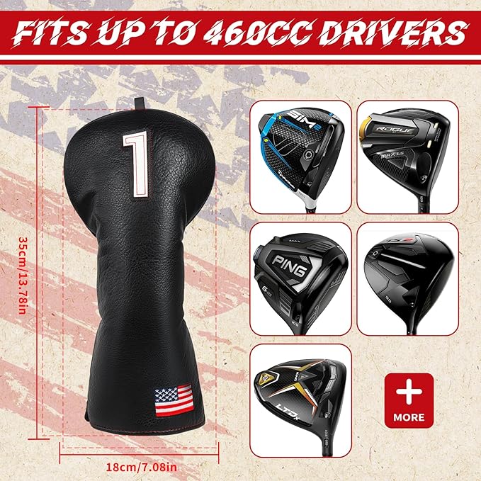 Golf Head Covers, US Flag Patriotism Golf Club Cover for Woods and Driver, Fairway, Hybrid - Premium Leather Golf Club Head Covers with Interchangeable Tags