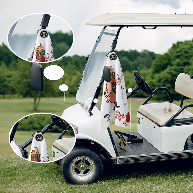 Golf Towel Magnetic Towel for Bags with Clip for Men & Women，Microfiber Fabric Waffle Pattern Golf Towels for Strong Hold to GolfCarts or Clubs (White Hotdog)