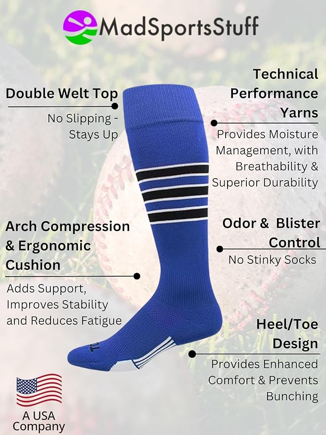 MadSportsStuff Softball Socks Baseball Socks | White & Team Colors | USA Made | Sizes for Girls, Youth Boys, Men & Women