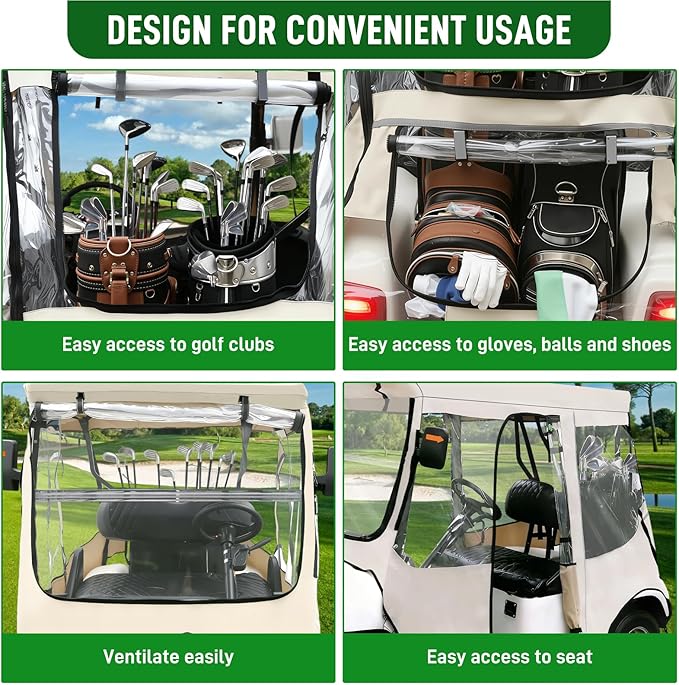 Golf Cart Deluxe Driving Enclosure 2 Passengers Fits EZGO TXT & RXV Golf Cart, Fits Short Roof 40.94" W and 59.05" L, Clear Window with Door Zippers 600D Heavy Duty Drivable Rain Covers