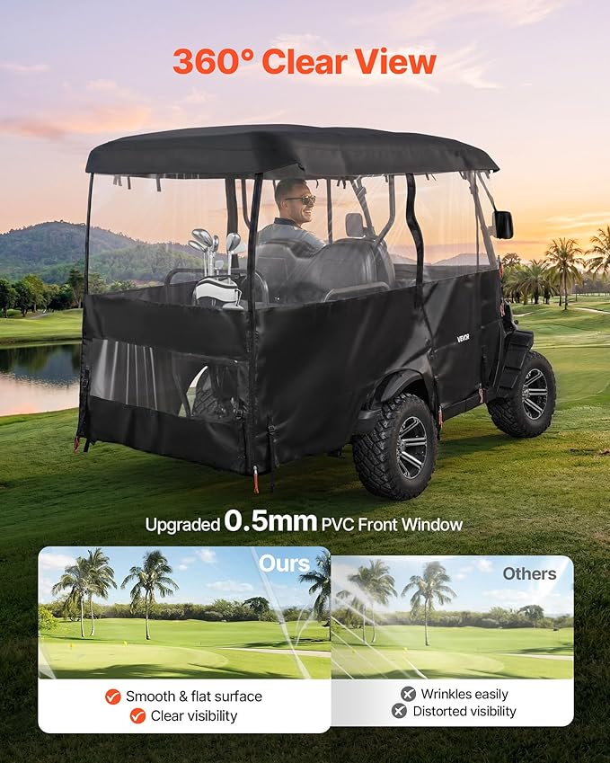 VEVOR Golf Cart Cover, Visible Full-Enclosure 2+2/4 Passenger Golf Cart, 600D Waterproof Oxford Fabric Club Car Cover Fits Most Carts Club Car, Yamaha, EZGO, Honda, PVC Coating & Windproof Hook Design