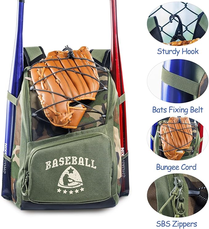 Baseball Bag for Youth & Adult with 4 Bat Sleeves - Softball Bat Bag with Shoe Compartment - Baseball Backpack for T-Ball, Softball Equipment, Baseball Gear, Baseball Bags for Boys 8-12