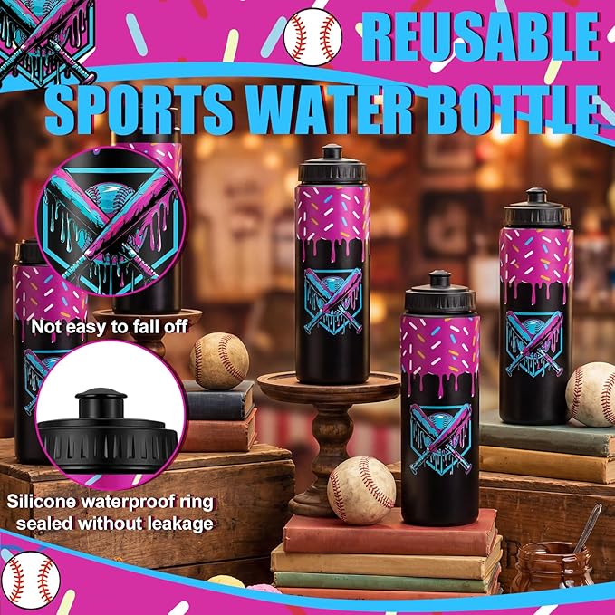 12 Pcs Baseball Drip Ice Cream Water Bottle Bulk Birthday Party Reusable Sports Bottle 20 oz Baseball Accessories Gifts School Sports