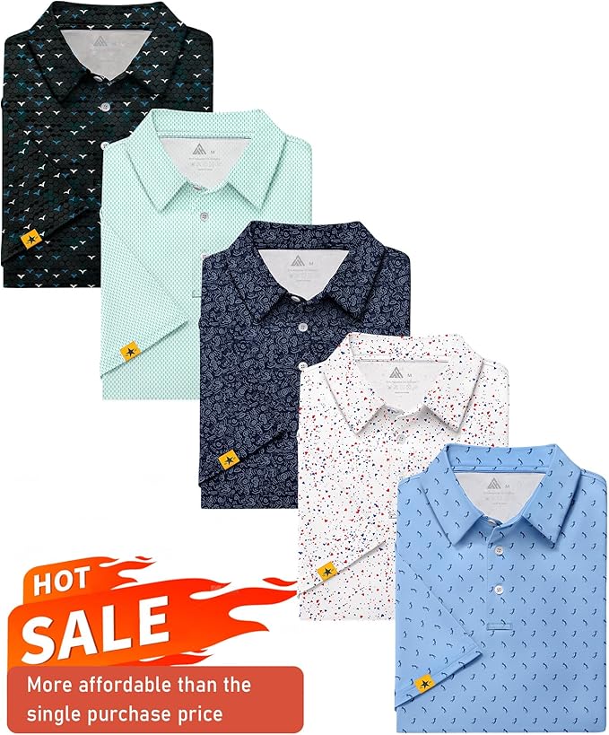 ZITY 5 Pack Mens Golf Shirt Short Sleeve UPF 50+ Moisture Wicking Performance Print Patterns Casual Golf Polo Shirts for Men