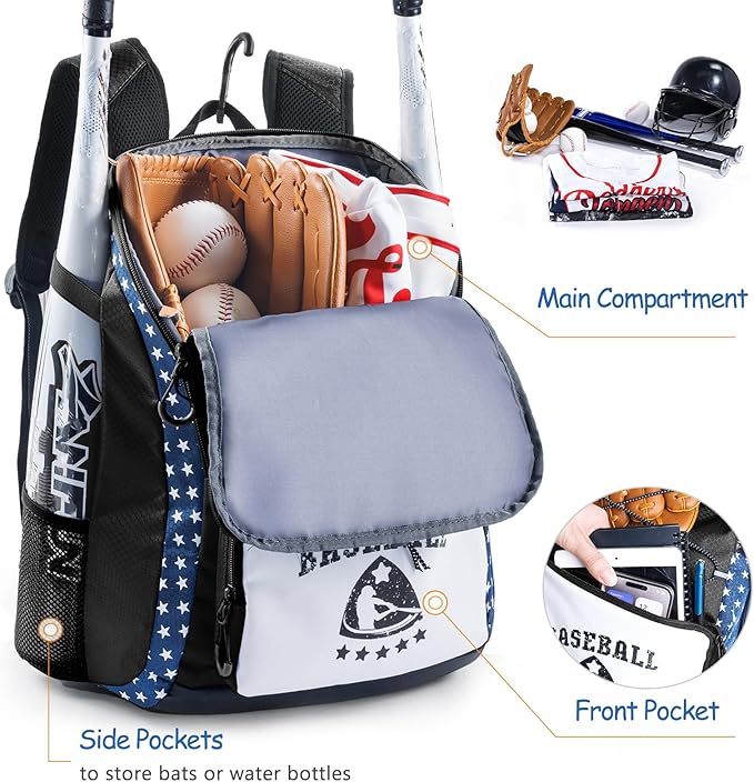 Baseball Bag for Youth & Adult with 4 Bat Sleeves - Softball Bat Bag with Shoe Compartment - Baseball Backpack for T-Ball, Softball Equipment, Baseball Gear, Baseball Bags for Boys 8-12