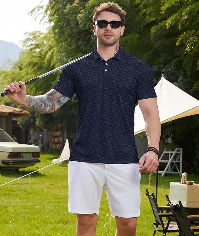 Golf Polo Shirts for Men Funny Print Short Sleeve Golf Shirts Performance Golf Polos