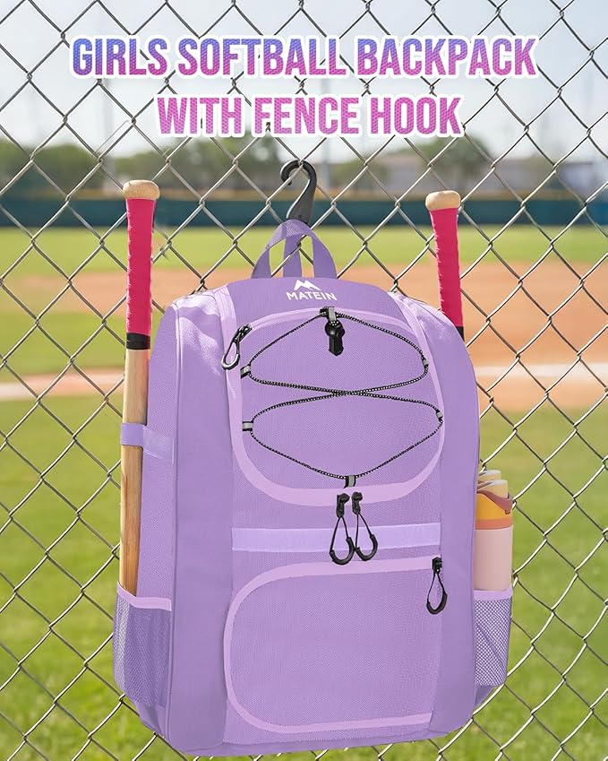 MATEIN Softball Bag, Lightweight Baseball Backpack with Shoe Compartment, Baseball Bag with Fence Hook for TBall Bat & Equipment, Softball Gifts Catchers Backpack for Women Fit Catcher’s Mitt, Helmet