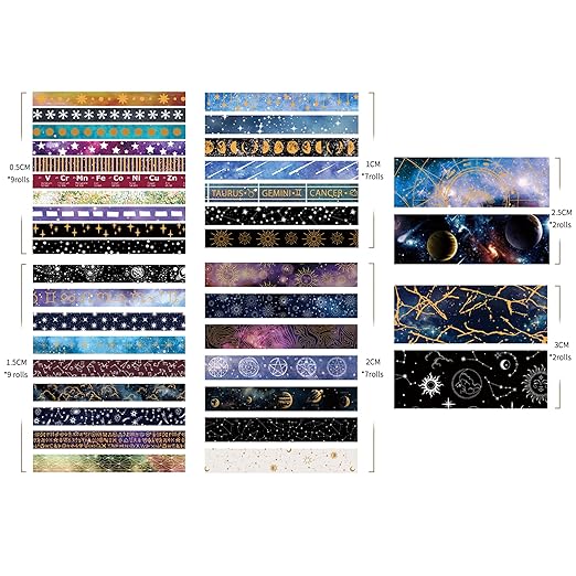 36 Rolls Galaxy Washi Tape Pack Stars Arts Adhesive Tapes Gold Silver Foil - Image 6