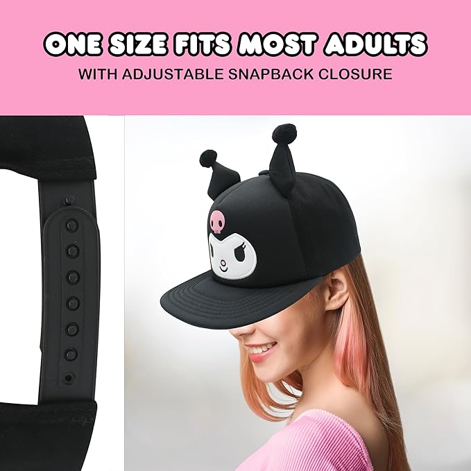 Hello Kitty Baseball Cap, Women's Snapback Hat with Flat Brim and 3D Ribbon and Ears
