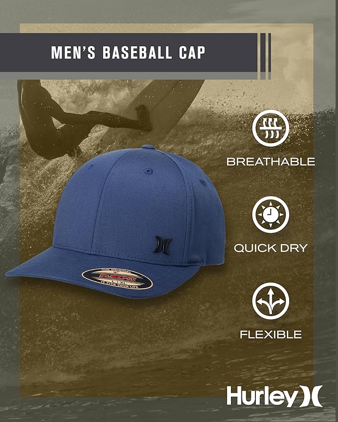 Hurley Mens Baseball Cap - Curved Brim Flexfit Ball Cap, Moisture Wicking Breathable Fitted Hat for Men